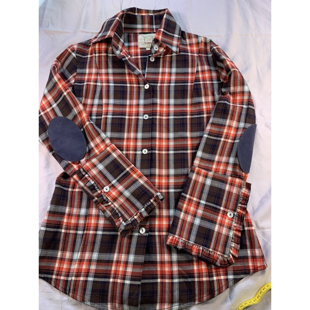 Bell Red Brown Plaid Ruffle Cuff Shirt with Elbow Patches Size 6
